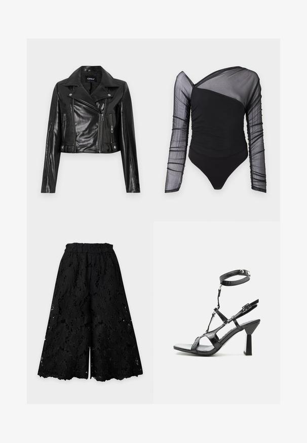 Veste en cuir noire coupée avec un col cranté, des poches zippées et des détails sur les manches, étiquetée "ONLY" à l'intérieur du col.; Bodysuit noir avec de longues manches en maille transparente. Présente une texture froncée sur le corps, un décolleté asymétrique et une coupe thong.; Pantalon culotte noir à jambes larges avec une superposition de dentelle florale délicate et un ourlet festonné.; Sandale noire à talons hauts avec brides, bout carré, bride à la cheville avec boutons-pression et talon bloc géométrique sur fond blanc uni.