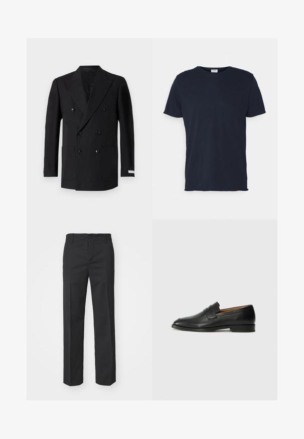 Dobbeltradet sort blazer lavet af fint stof, med to forlommer, klippede revers og sorte knapper. Skræddersyet pasform.; Marineblå bomulds t-shirt med rund hals og korte ærmer, med en glat tekstur og enkel design, uden synlige mønstre eller accenter.; Filippa K TROY TROUSERS - Bukser - black; Sort læder loafer med rund tå, diskret syning, og lav hæl, der har en glat tekstur og minimalistisk design.