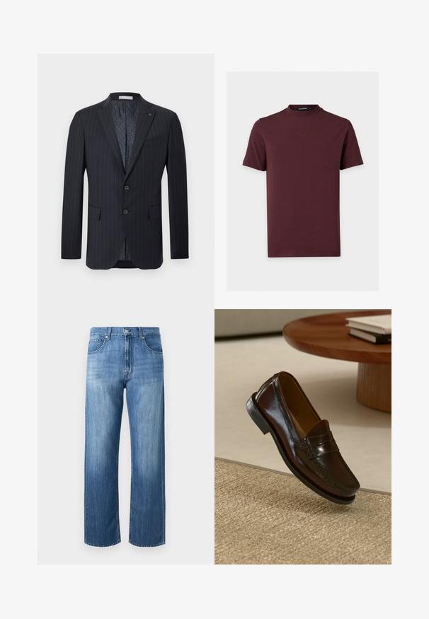 Donkerblauwe herenblazer met krijtstreep, voorzien van een notch-revers, twee knopen aan de voorkant, klepzakken en een patroon voering aan de binnenkant.; Bordeauxkleurig T-shirt met korte mouwen, een hoge ronde hals en een subtiel ingebosseerd logo op de borst.; Blauwe recht gesneden spijkerbroek met voorzakken, riemlussen, knoopsluiting en subtiele vervaagde plekken op de dijen en knieën.; Bruine leren instappers met een glanzende afwerking, voorzien van een gestikt detail aan de voorkant en een low-profile zwarte rubberen zool.