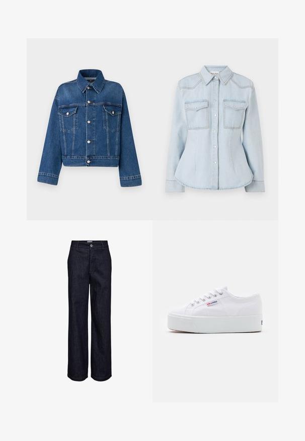 Veste en denim bleu avec un col, deux poches poitrine, des boutons et une coupe courte. Présente des coutures contrastées et une finition texturée.; Chemise en denim bleu clair au design ajusté, avec un col pointu, deux poches poitrine et des coutures contrastées. Elle possède une fermeture à boutons et des manches longues.; Jeans en denim bleu foncé à jambes droites avec fermeture par bouton et zip, passants pour ceinture, et détails de coutures visibles.; Baskets en toile blanches avec une épaisse semelle plateforme blanche, bout rond et œillets en métal pour les lacets. Logo de la marque affiché sur le côté.