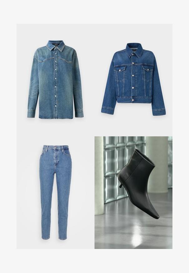 Blå denimjakke med krave, to brystlommer, knaplukninger og cropped design. Har kontrastsyninger og en tekstureret finish.; Blå denim skjorte med lange ærmer, trykknapper, spids krave og rhinsten-detaljer langs bærestykke og kravekanter.; Blå højtaljede lige jeans med frontknap og lynlås, bæltestropper og lommer, præsenteret på en ensfarvet hvid baggrund.; Sort læderankelstøvle med spids tå og lav kitten-hæ, vist vinklet mod en poleret gulv- og glasblokvæg.