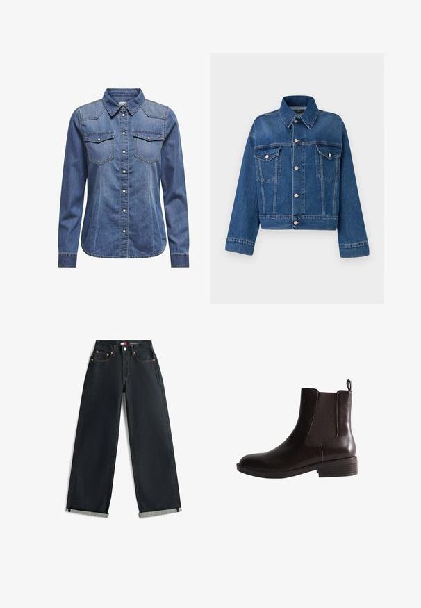 Blauwe spijkerjack met een kraag, twee borstzakken, knoopsluitingen en een cropped ontwerp. Voorzien van contrasterende stiksels en een gestructureerde afwerking.; Donkerblauw denim shirt met een kraag, lange mouwen, dubbele borstzakken en contrasterende stiksels.; Donkerblauwe jeans met wijde pijpen en omgeslagen zoom, vijf zakken en contrasterende oranje stiknaden op een witte achtergrond.; Donkerbruine lederen enkellaars met elastisch zijpaneel, lage gestapelde hak en trekhaak aan de achterkant.