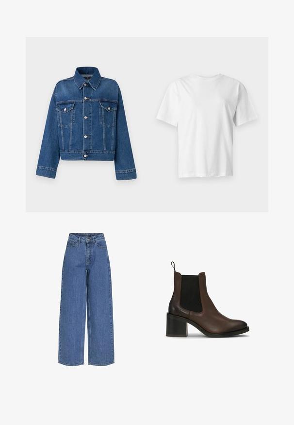 Blauwe spijkerjack met een kraag, twee borstzakken, knoopsluitingen en een cropped ontwerp. Voorzien van contrasterende stiksels en een gestructureerde afwerking.; Effen wit T-shirt met korte mouwen en ronde hals, plat weergegeven op een lichtgrijze achtergrond.; Wijde blauwe jeans met een hoge taille, gemaakt van denim stof. Voorzien van voorzakken en een knoopsluiting. Klassiek casual ontwerp.; Bruine leren enkellaarsjes met elastische zijpanelen, een blokhak, een gladde textuur en een aantreklipje voor gemakkelijk aantrekken.