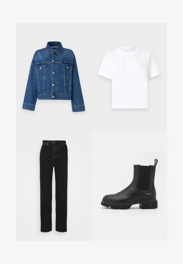 Blå denimjakke med krave, to brystlommer, knaplukninger og cropped design. Har kontrastsyninger og en tekstureret finish.; Hvid kortærmet bomuld t-shirt med rund halsudskæring og lige kant, vist på en hvid baggrund.; Filippa K BAGGY TAPERED - Jeans Relaxed Fit - charcoal; Sorte læder ankelstøvle med elastiske sidepaneler og en kraftig mønstret sål. Har en pull tab og guld branddetalje. Mat finish.