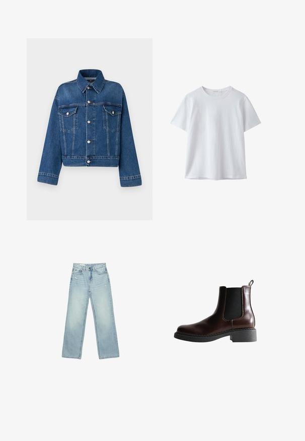 Blå denimjakke med krave, to brystlommer, knaplukninger og cropped design. Har kontrastsyninger og en tekstureret finish.; Hvid t-shirt med korte ærmer og rund hals i blødt stof, vist på en hvid baggrund.; Lyseblå højtaljede brede jeans med let slid på forlommer og lår, knaplukning og design med fem lommer.; Brune læder ankelstøvle med elastiske sidepaneler, rund tå og en struktureret sort gummisål. Har kontrasterende syninger og en trækflap.