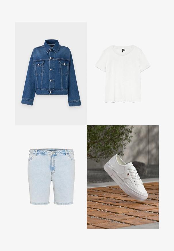 Veste en denim bleu avec un col, deux poches poitrine, des boutons et une coupe courte. Présente des coutures contrastées et une finition texturée.; T-shirt blanc à manches courtes avec un col rond, fabriqué en tissu léger. Design simple, texture lisse et ourlet droit.; Shorts en denim bleu clair avec une coupe droite, cinq poches et des coutures visibles. Dispose d'une fermeture à bouton et à glissière.; Baskets en cuir blanc avec des lacets et un petit logo rouge, blanc et bleu, flottant au-dessus d'une surface extérieure en bois et galets à motif.