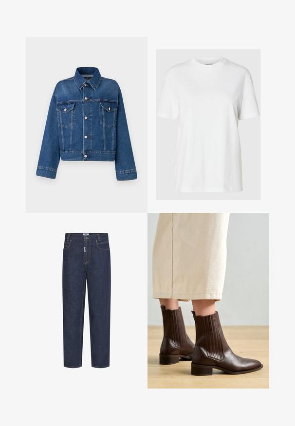 Chaqueta de mezclilla azul con cuello, dos bolsillos en el pecho, cerraduras de botón y un diseño recortado. Presenta costuras en contraste y un acabado texturizado.; Camiseta de algodón blanca con mangas cortas y escote redondo. Presenta un corte relajado y un diseño minimalista sin patrones ni acentos.; Jeans de mezclilla azul oscuro con corte recto, con costuras naranjas, bolsillos frontales y cierre de botón. Tejido duradero con una textura suave.; Pavement SHANI - Botines - brown