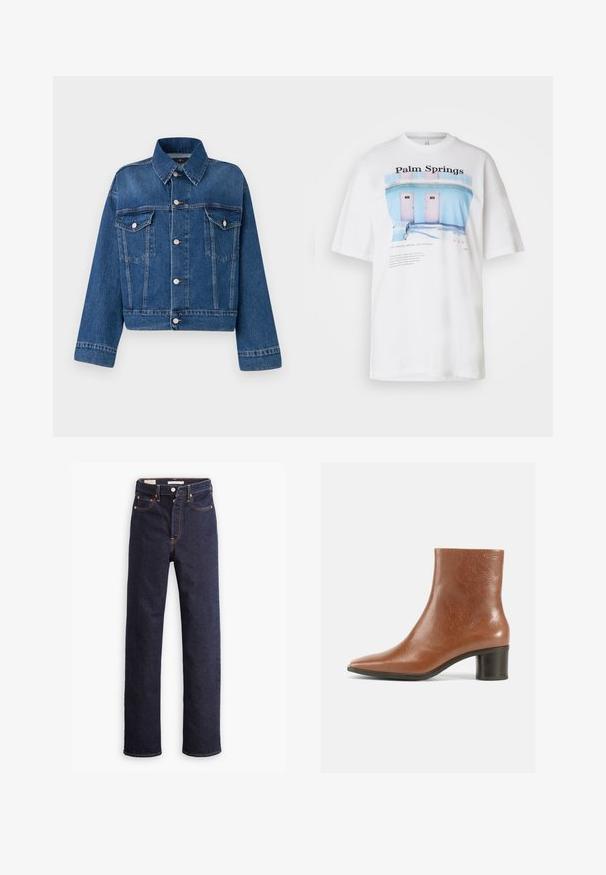Blauwe spijkerjack met een kraag, twee borstzakken, knoopsluitingen en een cropped ontwerp. Voorzien van contrasterende stiksels en een gestructureerde afwerking.; ONLY Tall ONLHOLLY LIFE MOTEL - T-shirt print - bright white; Donkerblauwe straight-leg denim jeans met vijf zakken en zichtbare oranje stiksels op een witte achtergrond.; Bruine leren enkellaars met een puntige neus, een gestructureerde afwerking en een middelhoge blokhak. Eenvoudig ontwerp zonder zichtbare hardware of patronen.