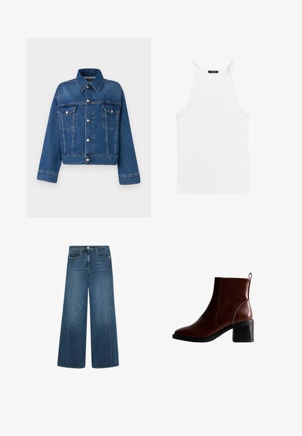 Blaue Jeansjacke mit kragenlosem Ausschnitt, zwei Brusttaschen, Knopfverschlüssen und cropped Design. Verfügt über kontrastierende Nähte und eine strukturierte Oberfläche.; Weißes ärmelloses Tanktop mit dünnen Trägern und hohem Ausschnitt, flach auf weißem Hintergrund ausgelegt.; Weite Jeans in dunkelblauem Denim mit kontrastierendem weißen Stich, Fünf-Taschen-Design und Knopfverschluss an der Taille.; Braune Leder-Ankle-Boots mit quadratförmiger Spitze und seitlicher Naht, einem 7,5 cm hohen Blockabsatz und einem Ziehhilfen an der Rückseite für einfaches An- und Ausziehen.