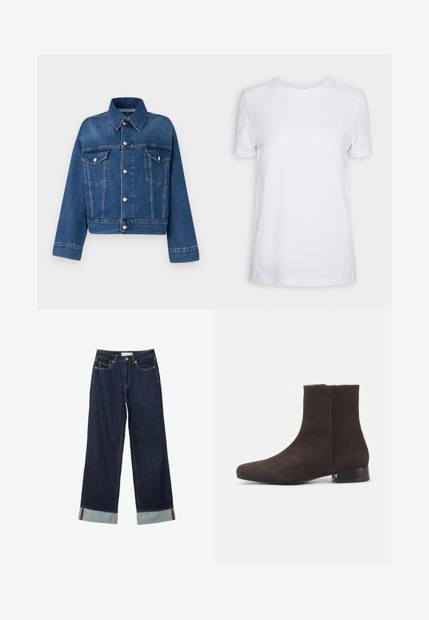 Blå denimjakke med krave, to brystlommer, knaplukninger og cropped design. Har kontrastsyninger og en tekstureret finish.; Simpel hvid T-shirt med korte ærmer og rund hals, normal pasform og et lille indvendigt mærke på nakken med teksten "SELECTED FEMME."; Mørkeblå vide jeans med højt talje, med opfoldede vamsser, kontrastsyning og fem-lommers design. Lavet af denim stof.; Mørkebrun ruskind ankelstøvle med lav blokhæl og sidelås, slank rundet tå, på ensartet lys baggrund.