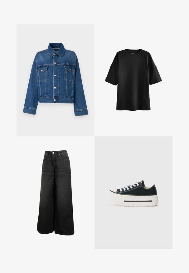 Blaue Jeansjacke mit kragenlosem Ausschnitt, zwei Brusttaschen, Knopfverschlüssen und cropped Design. Verfügt über kontrastierende Nähte und eine strukturierte Oberfläche.; Schwarzes, übergroßes T-Shirt aus glattem Baumwollstoff, mit kurzen Ärmeln, rundem Halsausschnitt und lockerer Passform. Markenlabel am Halsausschnitt sichtbar.; Schwarze weit geschnittene Jeans mit hoher Taille, Frontknopf, Taschen und dezentem Logo auf der Vorder-Tasche.; Schwarze Canvas-Sneaker mit einer weißen Gummisohle, die eine dicke Plateausohle, weiße Schnürsenkel und kontrastierende Nähte entlang der Nähte aufweisen.