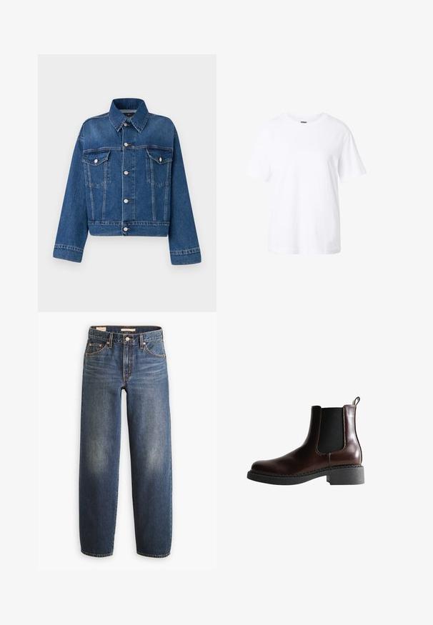 Blauwe spijkerjack met een kraag, twee borstzakken, knoopsluitingen en een cropped ontwerp. Voorzien van contrasterende stiksels en een gestructureerde afwerking.; Effen witte T-shirt met korte mouwen en een ronde hals, een losse pasvorm en een klein label aan de binnenkant van de kraag.; Donkerblauwe spijkerbroeken met een rechte pijp, voorzien van vijf zakken, koperen klinknagels en subtiele vervaging op de dijen.; Bruine leren enkelboot met elastische zijpanelen, ronde neus en een gestructureerde zwarte rubberen zool. Heeft contrasterende stiksels en een lusje aan de achterkant.