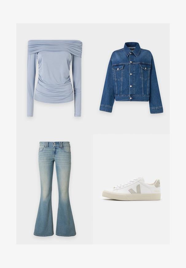 Blå denimjakke med krave, to brystlommer, knaplukninger og cropped design. Har kontrastsyninger og en tekstureret finish.; Lyseblå off-shoulder top lavet af glat stof, med samlet detaljering omkring halsen og taljen, samt lange ærmer.; Lyseblå denim flare jeans med høj talje, let falmet effekt, to forlommer og to baglommer med knaplukning.; Hvide sneakers lavet af læder med grå V-logo detaljer, struktureret gummisål, hvide snørebånd samt polstret tunge og krave.