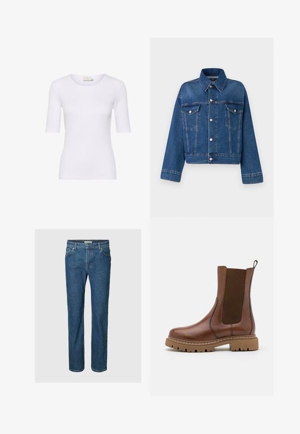 Veste en denim bleu avec un col, deux poches poitrine, des boutons et une coupe courte. Présente des coutures contrastées et une finition texturée.; T-shirt blanc ajusté en tissu lisse, avec un col rond et des manches courtes, sans motifs ni accents visibles.; Jean en denim bleu coupe droite avec bouton et fermeture éclair à l'avant, passants de ceinture, et poches avant et arrière.; Bottine en cuir marron avec des panneaux élastiques et une languette de tirage. Elle possède une semelle en caoutchouc épaisse et des détails de couture visibles le long des bords.