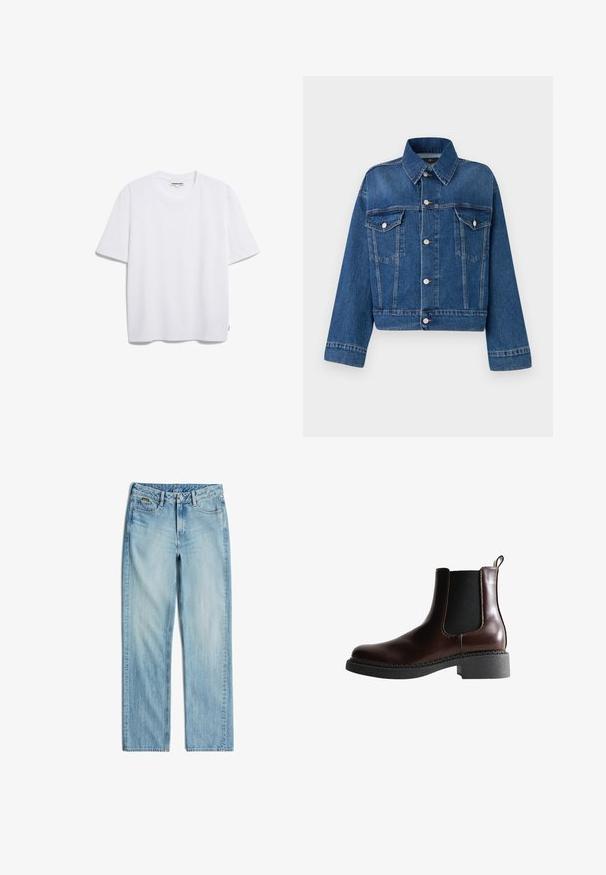 Blaue Jeansjacke mit kragenlosem Ausschnitt, zwei Brusttaschen, Knopfverschlüssen und cropped Design. Verfügt über kontrastierende Nähte und eine strukturierte Oberfläche.; Weißes Baumwoll-T-Shirt mit kurzen Ärmeln, runder Halslinie und lockerer Passform. Keine sichtbaren Muster oder Logos. Glatte Textur.; Hellblaue Jeans aus Denim mit geraden Beinen, vorne mit Knopf und Reißverschluss, Gürtelschlaufen sowie Vorder- und Hintertaschen.; Braune Leder-Boots mit elastischen Seitenteilen, runder Spitze und einer strukturierten schwarzen Gummisohle. Verfügt über kontrastierende Nähte und eine Ziehlasche.