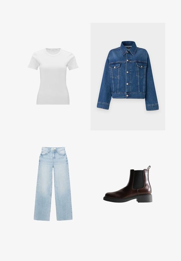 Blauwe spijkerjack met een kraag, twee borstzakken, knoopsluitingen en een cropped ontwerp. Voorzien van contrasterende stiksels en een gestructureerde afwerking.; Witte nauwsluitende dames T-shirt met korte mouwen, geribbeld en met een ronde hals en een klein maatlabel aan de binnenzijde van de kraag.; Lichtgewassen, wijd uitlopende jeans van denim. Heeft een hoge taille, vijf zakken en een ritssluiting met knoopsluiting. Licht beschadigde textuur.; Bruine leren enkelboot met elastische zijpanelen, ronde neus en een gestructureerde zwarte rubberen zool. Heeft contrasterende stiksels en een lusje aan de achterkant.