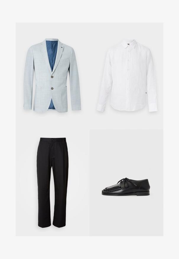 Lichtgrijze blazer van getextureerde stof, met uniseks knoopsluiting, twee zakken aan de voorkant, blauw patroonvoering en twee bruine knopen.; Witte blouse met lange mouwen, knoopsluiting, kraag en een subtiele structuur in de stof.; Zwarte broek met een rechte snit, gemaakt van lichtgewicht stof. Heeft een frontale knoopsluiting en twee zijzakken; gladde textuur.; Zwarte leren schoenen met een gevlochten ontwerp op de neus, ronde vetersluiting en een platte, compacte zool. Glad oppervlak overal.