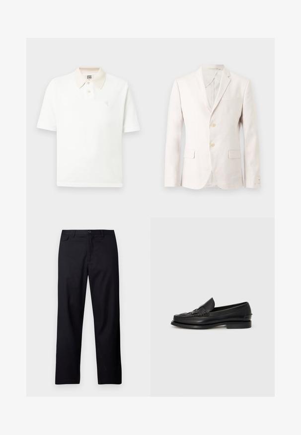 Mand off-white enkeltbrettet blazer med to knapper, hakkede revers, tre klaffelommer og lange ærmer, vist på ensfarvet baggrund.; Hvid polo med korte ærmer, beige krave, to knapper, tekstureret stof og lille broderet logo på brystet.; Sorte bukser lavet af et glat stof, med lige ben, frontlukning med knapper og sidelommer. Minimalistisk design uden mønstre.; Sorte læderloafer med et vævet detaljer hen over fronten, rund tå og en lav hæl. Glat tekstur og minimalistisk design.