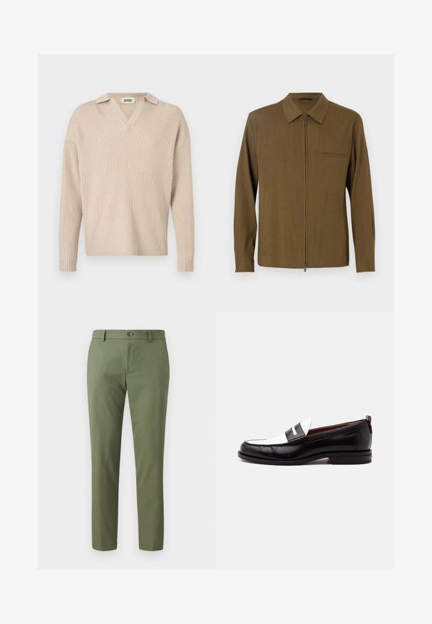 Brun skjorte med lange ærmer, lynlås foran, spidse krave, enkelt lomme og en glat tekstur. Ensfarvet design uden mønstre eller detaljer.; Beige ribbet strikpullover med V-hals og krave, med lange ærmer og afslappet pasform, lavet af et blødt, tekstureret stof.; Grønne bukser lavet af struktureret stof, med slim fit, lige ben og knaplukning foran. Velegnede til afslappet eller formelt brug.; Sort-hvid læderloafer med syning, lav hæl og slip-on design, vist fra siden på en ensfarvet baggrund.