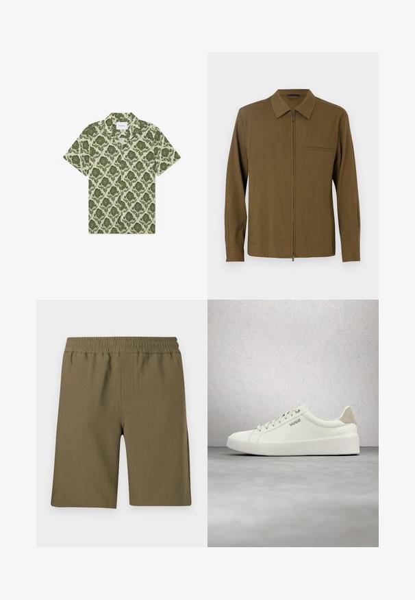 Camisa marrón de manga larga con cremallera frontal, cuello punta, bolsillo único y una textura suave. Diseño liso sin patrones ni acentos.; Camisa de manga corta con un patrón floral verde sobre un fondo beige claro. Presenta un cuello y una etiqueta con la inscripción "Les Deux".; Samsøe Samsøe SMITH - Shorts - four leaf clover; Zapatilla blanca de corte bajo con cordones y lengüeta trasera beige, con la marca "HUGO", flotando sobre un suelo de hormigón pulido cerca de una pared de bloques de vidrio.