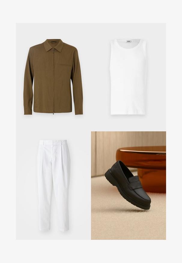 Chemise marron à manches longues avec fermeture éclair à l'avant, col pointu, poche unique et texture lisse. Design simple sans motifs ni accents.; Débardeur en coton blanc sans manches avec un col rond et une texture lisse. Design simple, sans motifs ni accents.; Pantalons plissés blancs à taille haute et longueur cropped, avec une texture lisse et des lignes épurées. Pas de matériel visible ni de motifs.; Mocassin en cuir noir à semelle épaisse flottant au-dessus d'un tapis beige, avec une table ronde marron en arrière-plan.
