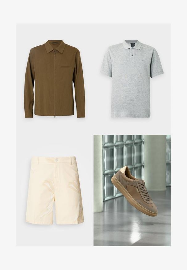 Camisa marrón de manga larga con cremallera frontal, cuello punta, bolsillo único y una textura suave. Diseño liso sin patrones ni acentos.; Polo de mezcla de algodón en gris claro, mangas cortas, tejido con textura, tapeta de dos botones, logo sutil en el pecho.; Pantalones cortos de algodón en amarillo pálido con un patrón floral. Cuenta con cierre de botón, bolsillos frontales y un corte recto con bordes doblados.; Zapatilla deportiva beige casual con cordones y logo "BOSS" flotando sobre un suelo de hormigón pulido con fondo de pared de bloques de vidrio.