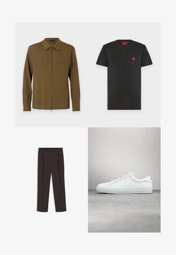 Brun skjorte med lange ærmer, lynlås foran, spidse krave, enkelt lomme og en glat tekstur. Ensfarvet design uden mønstre eller detaljer.; Sort kortærmet T-shirt med rund halsudskæring, med lille rød rosegrafik og "HUGO" logo på brystet.; Mørkebrune skræddersyede bukser med bæltestropper, forreste læg og lige ben, vist fladt på en hvid baggrund.; Hvide lædersneakers med en glat finish, rund tå, flade snørebånd og et minimalistisk design. Lys grå gummisål med branding på siden.