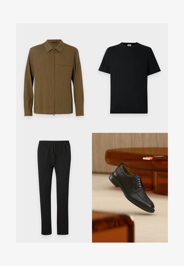 Chemise marron à manches longues avec fermeture éclair à l'avant, col pointu, poche unique et texture lisse. Design simple sans motifs ni accents.; T-shirt noir uni à manches courtes et col rond, exposé à plat sur un fond blanc, avec une petite étiquette de marque à l'intérieur du col.; Pantalons de jogging noirs avec une taille élastique et un cordon de serrage. Fabriqués en tissu doux, présentant un design de jambe fuselée et des détails minimalistes.; Chaussure habillée noire en cuir à lacets avec devant texturé, flottant au-dessus d'un tapis beige dans une pièce moderne avec des meubles teintés d'ambre.