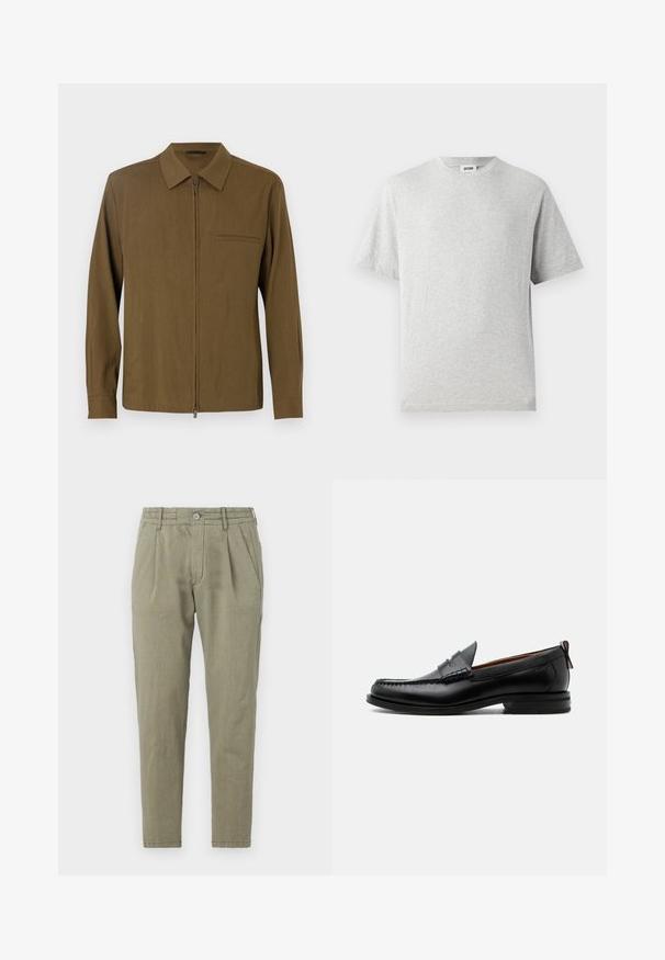 Chemise marron à manches longues avec fermeture éclair à l'avant, col pointu, poche unique et texture lisse. Design simple sans motifs ni accents.; T-shirt gris à manches courtes en tissu doux. Il présente un col rond, une coupe décontractée, et ne comporte ni motifs ni logos. Texture lisse sur l'ensemble.; Pantalon tapered vert clair en tissu texturé, avec fermeture à bouton, devant plissé et poches latérales.; Mocassin homme en cuir noir avec couture moc toe, bride penny, col texturé et petit talon empilé sur fond blanc.