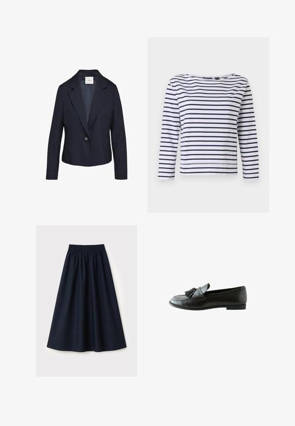 Blazer marine à texture à pois, fermeture à un bouton et revers crantés. Il dispose de deux poches avant et d'une doublure intérieure lisse.; Haut à manches longues rayé en blanc et bleu marine, avec un col bateau et une coupe décontractée. Fabriqué en coton doux avec des ourlets cousus.; Jupe bleu marine en tissu lisse, dotée d'une ceinture élastique, d'une coupe évasée et d'une longueur au genou. Aucun motif ni accent visible.; Mocassin en cuir noir avec pompons sur le dessus et talon bas, montré de côté sur fond blanc.