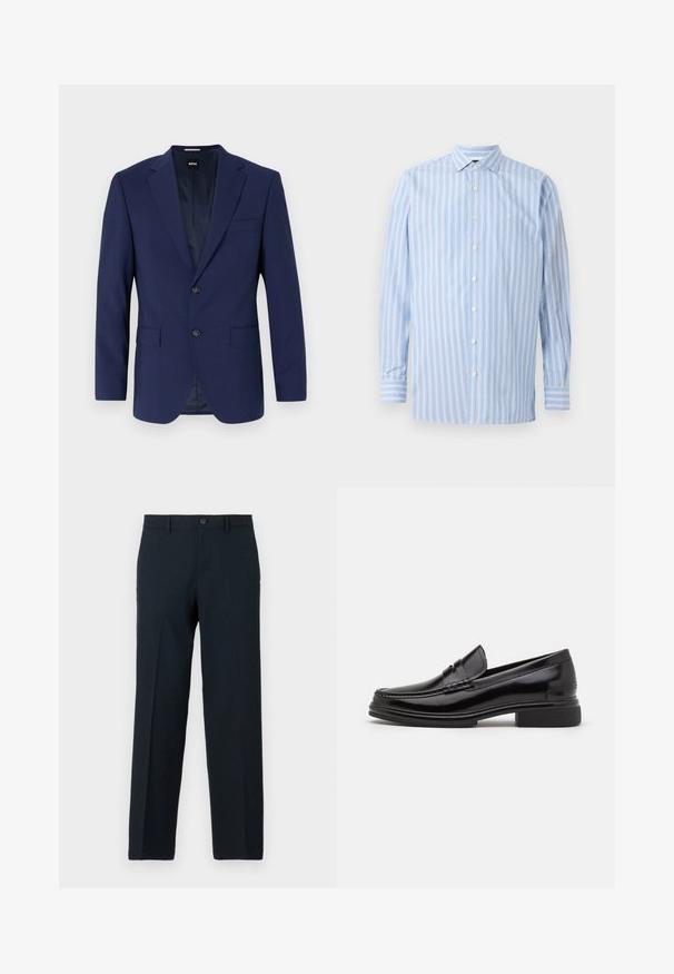 Marineblauwe blazer met gestructureerde schouders, een enkelvoudig ontwerp, twee voorzakken, een enkele knoopsluiting, een gladde stof en een subtiel interieurpatroon.; Lichtblauw overhemd met lange mouwen, voorzien van verticale witte en lichtblauwe strepen, met knoopsluiting, kraag en een klein geborduurd logo op de borst.; Zwarte slim-fit broek met knoop- en ritssluiting, ceintuurlussen en rechte pijp.; Zwarte leren instappers met een afgeronde neus, voorzien van een gestikte detail over de wreef, en een lage blokhak. Glad textuur en glanzende afwerking.
