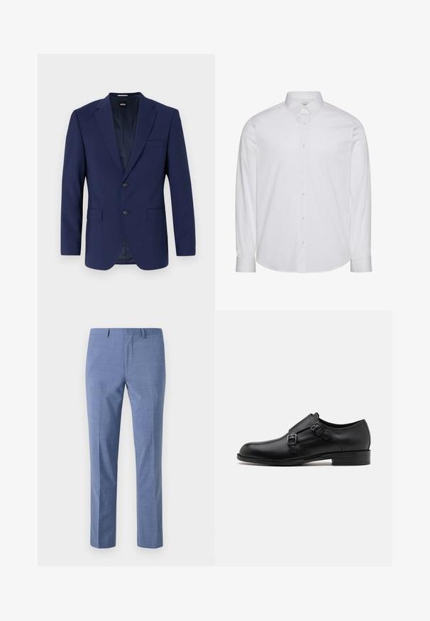 Marineblauwe blazer met gestructureerde schouders, een enkelvoudig ontwerp, twee voorzakken, een enkele knoopsluiting, een gladde stof en een subtiel interieurpatroon.; Witte, lange mouwen, katoenen overhemd met knopen. Voorzien van een standaardkraag, een voorste knopenlijst en een afgeronde zoom. Subtiel merklogo.; Lichtblauwe broek, getailleerde pasvorm, gestructureerde stof, flat front, schuine zijzakken en een gladde tailleband met riemlussen.; Zwarte leren dresschoen met dubbele gespen, slank silhouet en ronde neus. Kenmerkt zich door een lage hak en een gladde textuur.