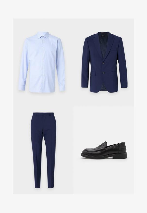 Marineblauwe blazer met gestructureerde schouders, een enkelvoudig ontwerp, twee voorzakken, een enkele knoopsluiting, een gladde stof en een subtiel interieurpatroon.; Lichtblauwe shirt met lange mouwen, voorzien van een geruit patroon, knoopsluiting aan de voorkant, puntige kraag en een subtiele textuur. Perfecte pasvorm met knoopmanchetten.; Marineblauwe op maat gemaakte broeken met een slanke pasvorm, voorzien van een gladde textuur, een rechte voorzijde en geperste benen. Geen zichtbare zakken of versieringen.; Zwarte leren loafers met een ronde neus, ton-sur-ton stiksels en een banddetail aan de voorkant. Rubberen zool met een lage hak.