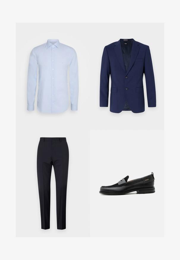 Marineblauwe blazer met gestructureerde schouders, een enkelvoudig ontwerp, twee voorzakken, een enkele knoopsluiting, een gladde stof en een subtiel interieurpatroon.; Lichtblauw langslowel shirt van soepel katoen, met een klassieke kraag, knoopsluiting en subtiele branding op de borst.; Marineblauwe op maat gemaakte broek, met platte voorkant, slim fit, voorzien van riemlussen en zijzakken. Gladde stof met een frisse afwerking, zonder zichtbare patronen of accenten.; Zwarte leren loafer met grijs riemdetailelement, lage hak en gestructureerde zool, aan de zijkant gebrandmerkt met "HUGO" in goud.