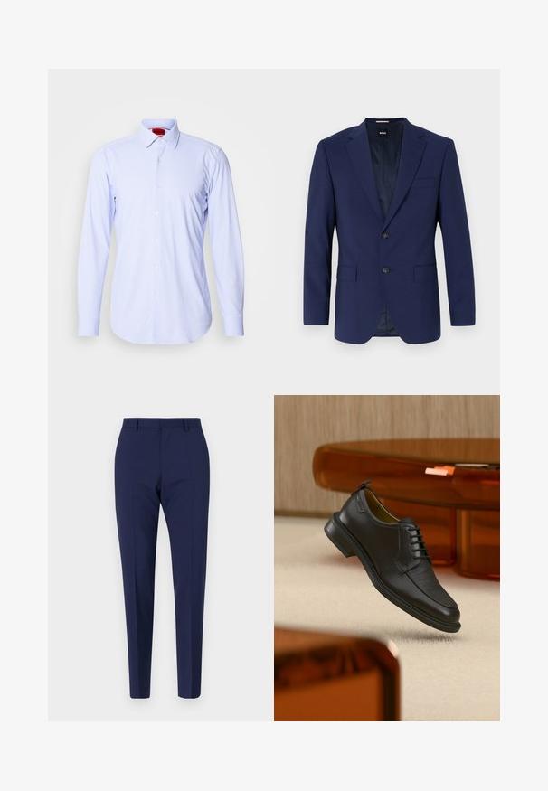 Marineblauwe blazer met gestructureerde schouders, een enkelvoudig ontwerp, twee voorzakken, een enkele knoopsluiting, een gladde stof en een subtiel interieurpatroon.; Lichtblauwe geblokte button-up shirt met lange mouwen en een klassieke kraag. Kenmerkt zich door kleine vierkanten en witte knopen. Glad stoffen textuur.; Marineblauwe op maat gemaakte broeken met een slanke pasvorm, voorzien van een gladde textuur, een rechte voorzijde en geperste benen. Geen zichtbare zakken of versieringen.; Zwarte leren veterschoen in de stijl van een nette schoen met een gestructureerd vooraanzicht, zwevend boven een beige tapijt in een moderne kamer met amberkleurige meubelen.