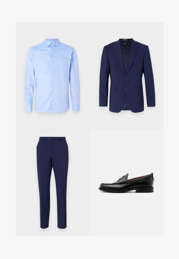 Marineblauwe blazer met gestructureerde schouders, een enkelvoudig ontwerp, twee voorzakken, een enkele knoopsluiting, een gladde stof en een subtiel interieurpatroon.; Lichtblauw overhemd met lange mouwen, een puntige kraag en witte knopen. Beschikt over een patroon aan de binnenkant van de kraag. Gladde stoftextuur.; Navyblauwe op maat gemaakte broeken van gladde stof, met een slanke pasvorm, een platte voorkant en een standaard tailleband met riemlussen.; Zwarte leren herensloffen met moc toe stiksel, pennyriem, gestructureerde kraag en lage gestapelde hak op witte achtergrond.