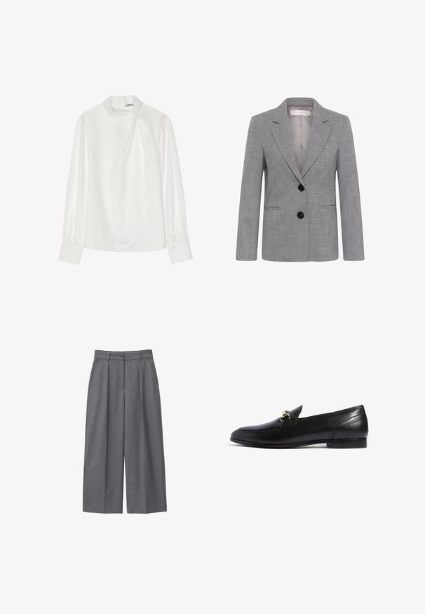 Grijze damesblazer met subtiel ruitpatroon, twee zwarte knopen, ingesneden revers en steekzakken aan de voorkant, getoond op een witte achtergrond.; Witte blouse met een hoge halslijn, lange pofmouwen en een ritssluiting aan de achterkant. Glad stof met een lichte glans en subtiele val.; Grijze wijde broek van soepel materiaal, met een hoge taille, plooien, een knoopsluiting en zijzakken. Minimalistisch ontwerp.; Scarosso ALESSANDRA - Instappers - black calf