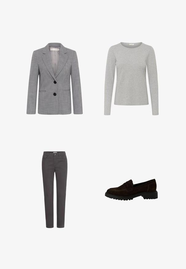Grijze damesblazer met subtiel ruitpatroon, twee zwarte knopen, ingesneden revers en steekzakken aan de voorkant, getoond op een witte achtergrond.; Grijze langekous T-shirt gemaakt van zachte, lichte stof. Heeft een ronde halslijn en een ontspannen pasvorm zonder zichtbare patronen of accenten.; Donkergrijze spijkerbroek met rechte pijpen, voorkeisen en een knoopsluiting. Het materiaal heeft een soepele textuur en minimale hardwareaccenten.; Bordeaux kleurige suède loafers met een ronde neus, voorzien van een gestikt ontwerp en een geribbeld rubberen zool voor grip.