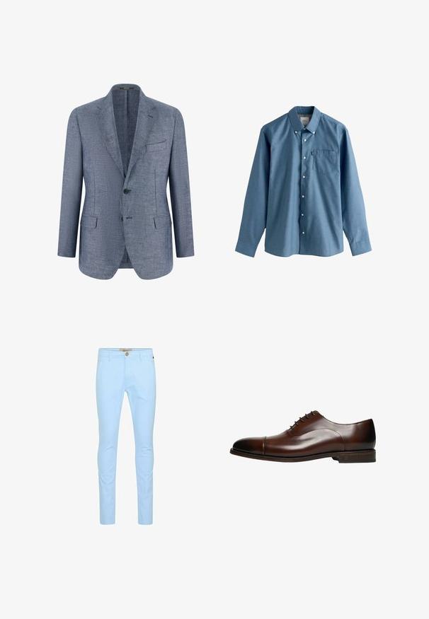 Herenblauw linnencolbert met enkele knoopsluiting, inkeping revers, twee knopen, borstzak en twee klepzakken aan de voorkant.; Herenoverhemd met lange mouwen in blauw stof, voorzien van een puntige kraag, een borstzak aan de voorkant en witte knopen langs de knoopsluiting.; Lichtblauwe katoenen chino's met een slim fit, voorzien van een sluiting met knopen aan de voorkant, riemlussen en een gladde textuur. Geen zichtbare patronen of accenten.; Bruine leren oxford schoen met een ronde neus en een gladde textuur. Voorzien van vijf veterogen en een licht verhoogde hak. Eenvoudig ontwerp.
