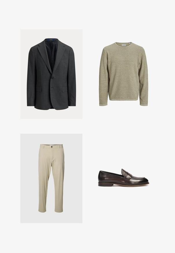 Blazer gris oscuro con acabado texturizado, diseño de un solo pecho, solapas con muesca y dos bolsillos delanteros. Forro interior. Cierre con botones.; Suéter beige de manga larga con un patrón de punto texturizado, cuello redondo y corte relaxed. Etiqueta visible en el cuello.; Pantalones beige de tela suave con un corte ajustado, que cuentan con un cierre frontal de botón, bolsillos laterales y costuras limpias, sin estampados.; Mocasines de cuero marrón oscuro con punta redondeada, detalle de costura elevada y un pequeño tacón. Textura suave y diseño clásico.
