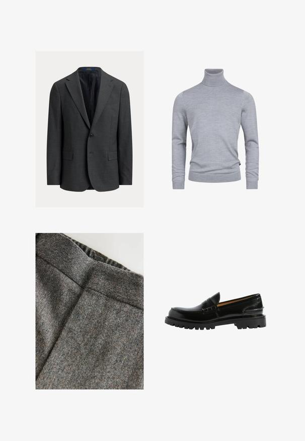 Dunkelgrauer Blazer mit strukturiertem Finish, einreihigem Design, Revers mit Kerbe und zwei Fronttaschen. Innen gefüttert. Knopfverschluss.; Grauer Rollkragenpullover aus weichem Strickstoff. Mit langen Ärmeln und einer figurbetonten Passform, verfügt über gerippte Bündchen und Saum. Einfache, glatte Textur.; Graue Wollmischungshose mit glatter Textur, ausgestattet mit einem breiten Bund und einem sauberen, klassischen Schnitt. Dezente Farbflecken sind vorhanden.; Schwarze Lederloafers mit einer bequemen Silhouette, strukturierten Details im Obermaterial und einer robusten schwarzen Gummisohle.