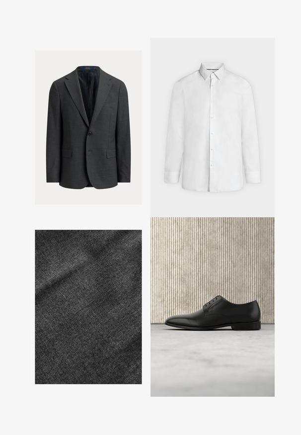 Dunkelgrauer Blazer mit strukturiertem Finish, einreihigem Design, Revers mit Kerbe und zwei Fronttaschen. Innen gefüttert. Knopfverschluss.; Weißes Hemd mit langen Ärmeln, ausgestelltem Kragen und geknöpften Manschetten, frontal auf hellgrauem Hintergrund dargestellt.; Strukturierter schwarzer Stoff mit einer weichen, leicht glänzenden Oberfläche, die ein dezentes Webmuster und einen geschmeidigen Fall aufweist.; Schwarzer Lederschuh mit runder Zehenform, fünf Ösen Schnürdesign, glatte Oberfläche und niedrigem, flachem Absatz.