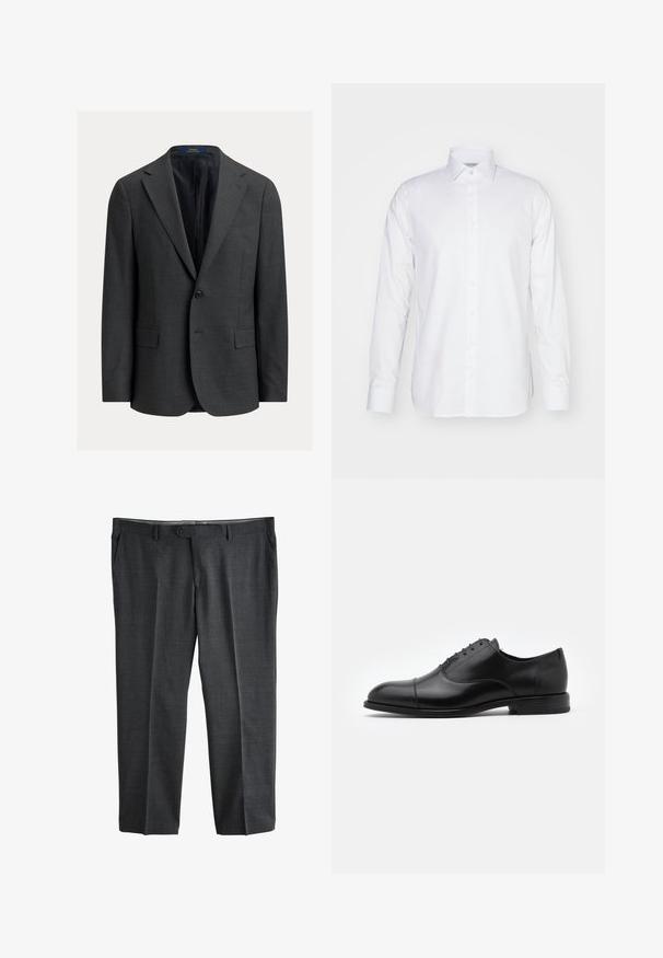 Mørkegrå blazer med en struktureret finish, enkeltretningsdesign, hakkede revers og to forlommer. Foret inderside. Lukning med knapper.; Langærmet hvid skjorte i bomuld med krave, knaplukning foran og skræddersyet pasform med sideslids ved kanten.; Mørkegrå formelle bukser med knap- og lynlåslukning foran, bæltestropper og sidelommer, vist fladt på en hvid baggrund.; Sorte læderdress sko med rund tå, snørebåndsdesign og diskrete syninger. Har en lav hæl og glat tekstur.
