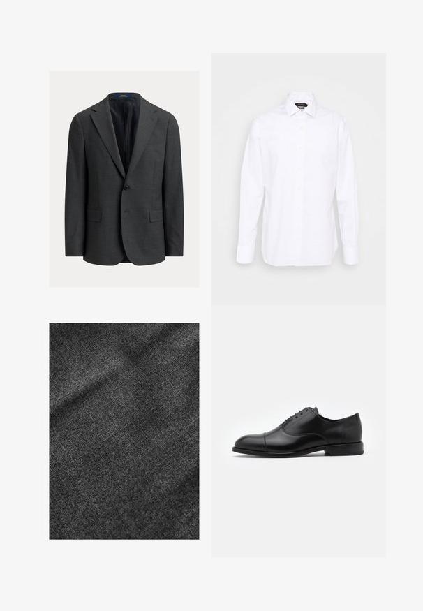 Mørkegrå blazer med en struktureret finish, enkeltretningsdesign, hakkede revers og to forlommer. Foret inderside. Lukning med knapper.; Hvid skjorte med lange ærmer, almindelig krave og frontplade med beige knapper. Glat stof med tætsiddende pasform.; Struktureret sort stof med en blød, let skinnende overflade, der viser et subtilt vævemønster og en glat fald.; Sorte læderdress sko med rund tå, snørebåndsdesign og diskrete syninger. Har en lav hæl og glat tekstur.