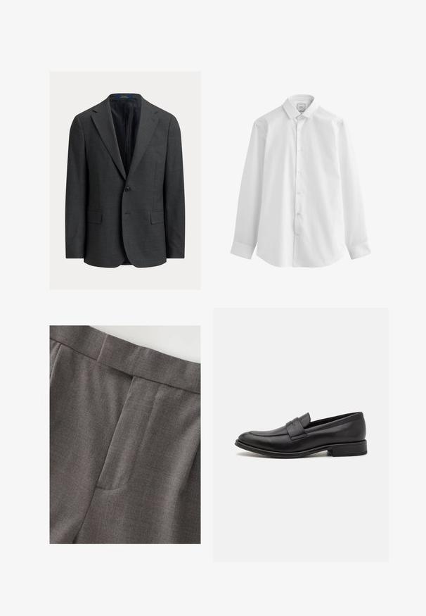 Dunkelgrauer Blazer mit strukturiertem Finish, einreihigem Design, Revers mit Kerbe und zwei Fronttaschen. Innen gefüttert. Knopfverschluss.; Next EASY CARE SLIM FIT SINGLE CUFF - Hemd - white; Graue maßgeschneiderte Hosen mit glatter Textur, gerader Form und einem dezenten Fronttaschendetail. Der Bund ist ordentlich verarbeitet.; Schwarze Lederloafer mit glatter Oberfläche, einem dekorativen Riemen über dem Obermaterial, runder Zehenpartie und einem niedrigen, gestapelten Absatz.