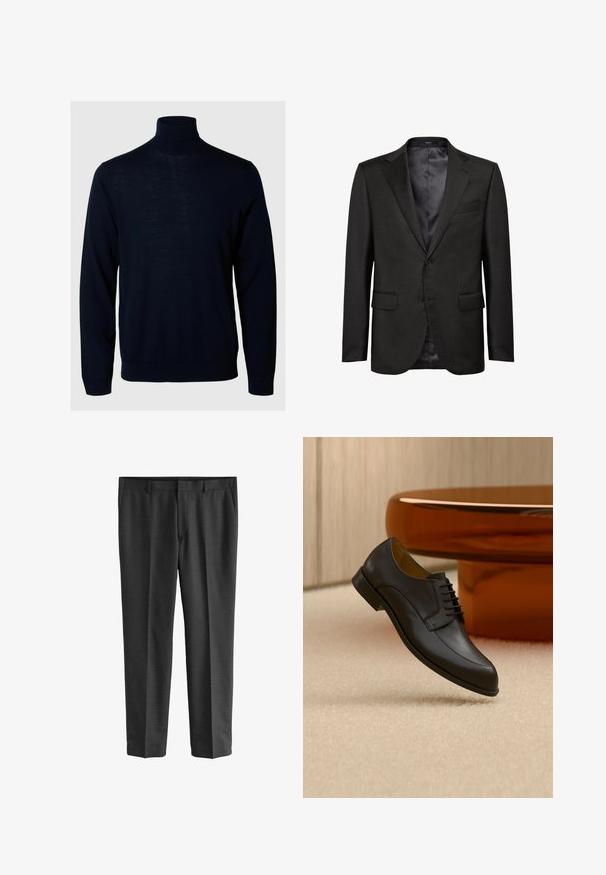 Sort jakkesætjakke lavet af tekstureret stof med klassisk revers, to frontlommer og en enkelt knaplukning. Satinforing indvendigt.; Marineblå sweater med høj hals, lange ærmer, ribbede manchetter og kant, lavet af blødt stof med en glat tekstur og minimalistisk design.; Grå skræddersyede bukser lavet af fint stof. Har lige ben, en glat tekstur og et subtilt vævemønster. Synlige forlommer.; Sort læder snøresko, der svæver over beige tæppe med et rundt orange bord i baggrunden.