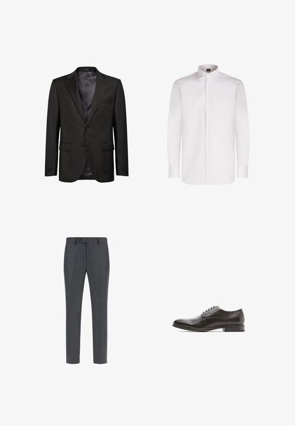 Veste de costume noire en tissu texturé avec un col cranté, deux poches avant et un bouton unique. Doublure intérieure en satin.; Chemise blanche à manches longues avec boutons, en tissu lisse, dotée d'un col classique et d'un ourlet arrondi, avec des boutons sur le devant et des manches à poignet.; Pantalons ajustés gris foncé en laine mélangée texturée, avec une taille plate, des poches latérales et une fermeture à bouton unique. Design slim fit.; Chaussure habillée en cuir noir avec un orteil arrondi, texture lisse, laçage à six œillets et talon plat avec un léger éclat.