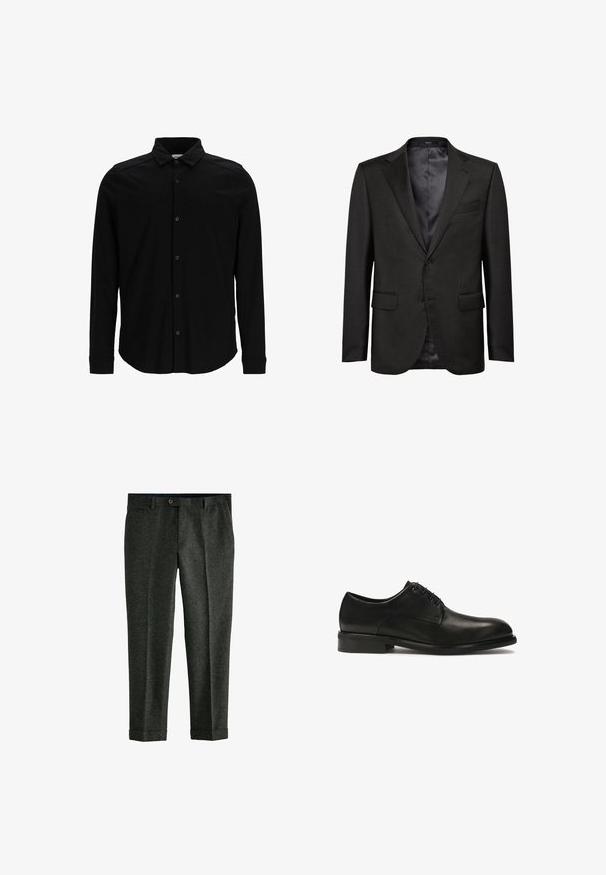 Schwarze Sakkajacke aus strukturiertem Stoff mit Revers, zwei frontalen Taschen und einem Ein-Knopf-Verschluss. Satin-Innenfutter.; Schwarzes Langarmhemd aus glattem Stoff, mit einer durchgehenden Knopfleiste, Kragen und dezentem besticktem Logo auf der Brust.; Graue Hose aus strukturiertem Stoff mit Farbklecksen, ausgestattet mit einem Knopfverschluss und umgeschlagenem Saum an den Bündchen. Zwei Seitentaschen.; Schwarze Lederschuhe mit glatter Textur, runder Zehenpartie, fünf Ösen für Schnürsenkel und einer flachen, niedrigen Sohle.