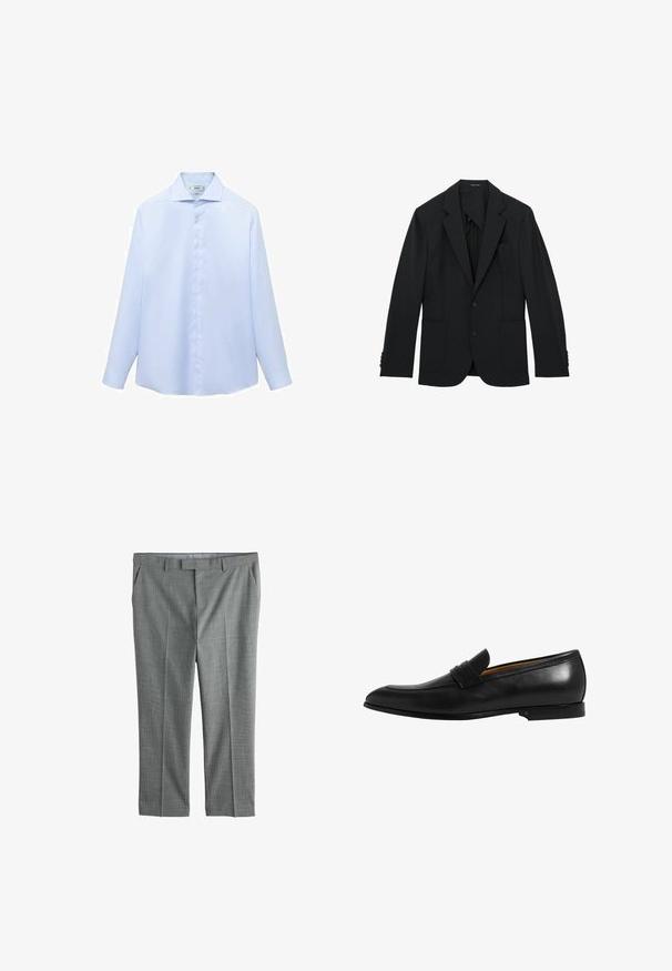 Blazer negro de hombre de un solo pecho con solapas con muesca, dos botones delanteros, tres bolsillos y puños abotonados, mostrado plano.; Camisa de manga larga azul clara en un tejido suave, con cuello puntiagudo y botonera completa con botones blancos. Sin estampados ni acentos.; Pantalones grises con estampado, de corte plano, con bolsillos laterales y trabillas para cinturón. El material parece suave con una textura sutil y un ajuste entallado.; Mocasín de cuero negro con un diseño elegante, puntera ligeramente puntiaguda y una banda decorativa en el empeine. Textura suave y suela resistente.