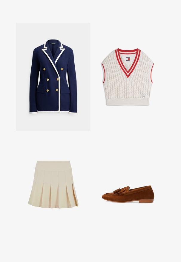Marineblauwe blazer met witte biezen, dubbelgeknoopte gouden knopen, reverskraag, borstzak en twee klepzakken aan de voorkant.; Roomkleurig kabelgebreid mouwloos sweatervest met rode en witte gestreepte V-hals en armsgaten, Tommy Jeans-label bij de kraag en zoom.; Beige geplisseerde rok met een aangesloten tailleband, gemaakt van een gladde stof. Kenmerkt zich door meerdere verticale plooien en een rechte zoom.; Bruine suède herensloffer met kwastje, platte hak en gestikte mocassinsluiting, getoond in zijaanzicht op een witte achtergrond.